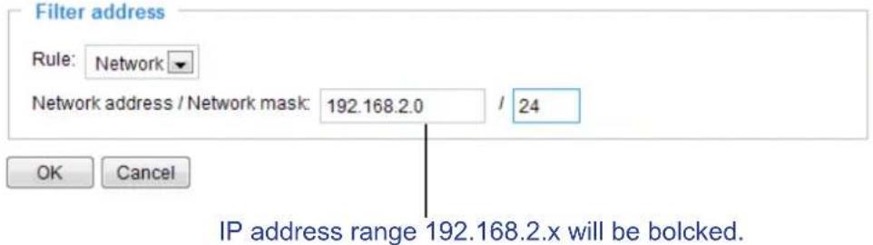 Filter address Rule: Network Network address / Network mask: 192.168.2.0 / 24 OK Cancel IP address range 192.168.2.x will be bolcked.