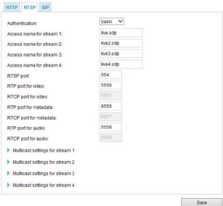 HTTP RTSP SIP Authentication: basic Access name for stream 1: live.sdp Access name for stream 2: live2.sdp Access name for stream 3: live3.sdp Access name for stream 4: live4.sdp RTSP port: 554 RTP port for video: 5556 RTCP port for video: 5557 RTP port for metadata: 6556 RTCP port for metadata: 6557 RTP port for audio: 5558 RTCP port for audio: 5559 ► Multicast settings for stream 1 ► Multicast settings for stream 2 ► Multicast settings for stream 3 ► Multicast settings for stream 4 Save