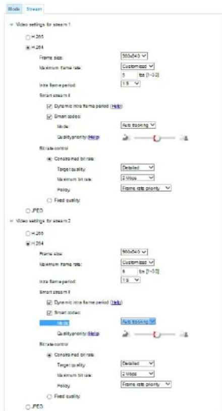 Video settings for stream 1 H.205 H.204 Frame size: 500x40 Maximum frame rate: Customize 5 bits (1-30) Intra frame period: 1.5 Smart stream II Dynamic intra frame period (Help) Smart order: Mode: Auto booking Quality priority (Help) Bit rate control Conserved bit rate: Target quality: Detailed Maximum bit rate: 2 Mbps Policy: Frame rate priority Fixed quality: JPEG Video settings for stream 2 H.205 H.204 Frame size: 500x40 Maximum frame rate: Customize 8 bits (1-30) Intra frame period: 1.5 Smart stream I Dynamic intra frame period (Help) Smart order: Speed: Auto booking Quality priority (Help) Bit rate control Conserved bit rate: Detailed Target quality: 2 Mbps Maximum bit rate: 2 Mbps Policy: Frame rate priority Fixed quality: JPEG