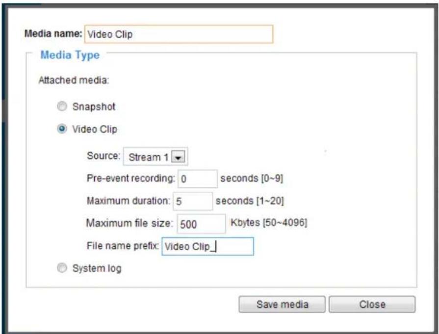 Media name: Video Clip Media Type Attached media: Snapshot Video Clip Source: Stream 1 Pre-event recording: 0 seconds [0~9] Maximum duration: 5 seconds [1~20] Maximum file size: 500 Kbytes [50~4096] File name prefix: Video Clip_ System log Save media Close