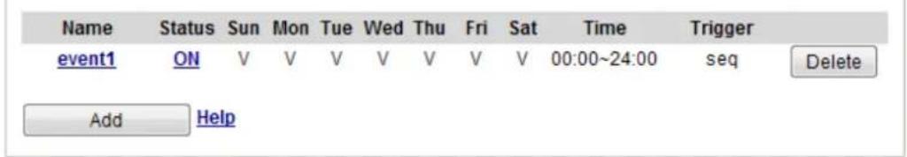 Name Status Sun Mon Tue Wed Thu Fri Sat Time Trigger event1 ON V V V V V V V V 00:00~24:00 seq Delete Add Help
