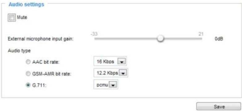 Audio settings Mute External microphone input gain: -33 21 0dB Audio type AAC bit rate: 16 Kbps GSM-AMR bit rate: 12.2 Kbps G.711: pcmu Save