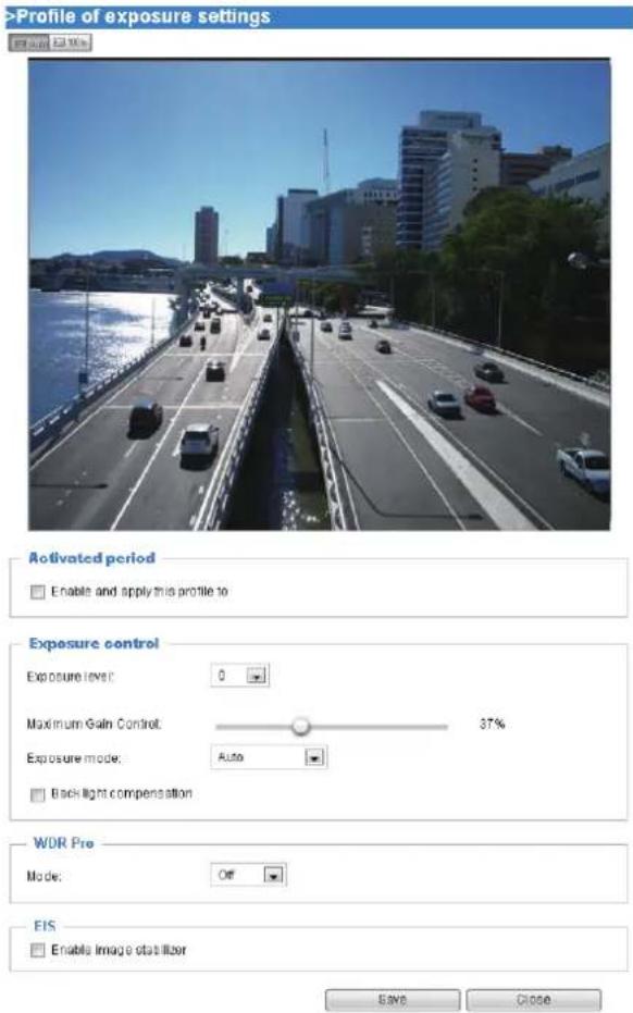 >Profile of exposure settings Active Activated period Enable and apply this profile to Exposure control Exposure level: 0 Maximum Gain Control: 37% Exposure mode: Auto Back light compensation WDR Pre Mode: Off EIS Enable Image stabilizer Save Close
