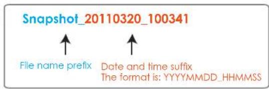 Snapshot_20110320_100341 File name prefix Date and time suffix The format is: YYYYMMDD_HHMMSS