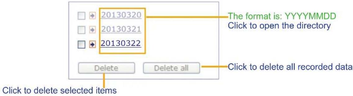 20130320 20130321 20130322 The format is: YYYYMMDD Click to open the directory Delete Delete all Click to delete all recorded data Click to delete selected items