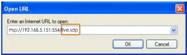 Open URL Enter an Internet URL to open: rtsp://192.168.5.151:554/live.sdp OK Cancel