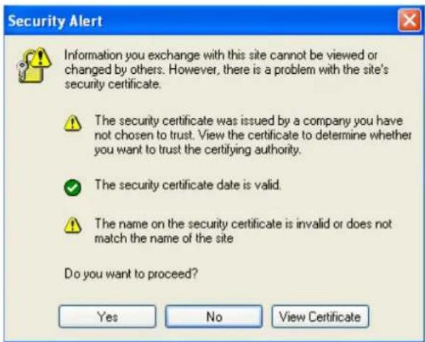 Security Alert Information you exchange with this site cannot be viewed or changed by others. However, there is a problem with the site's security certificate. The security certificate was issued by a company you have not chosen to trust. View the certificate to determine whether you want to trust the certifying authority. The security certificate date is valid. The name on the security certificate is invalid or does not match the name of the site Do you want to proceed? Yes No View Certificate