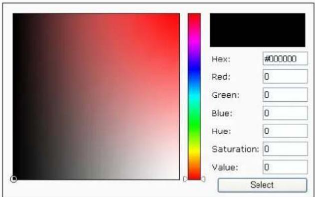 Hex: #000000 Red: 0 Green: 0 Blue: 0 Hue: 0 Saturation: 0 Value: 0 Select