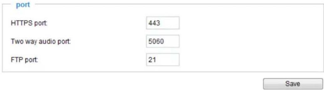 port HTTPS port: 443 Two way audio port: 5060 FTP port: 21 Save
