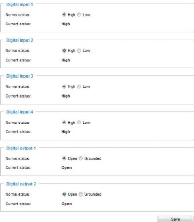 Digital input 1 Normal status: High Low Current status: High Digital input 2 Normal status: High Low Current status: High Digital input 3 Normal status: High Low Current status: High Digital Input 4 Normal status: High Low Current status: High Digital output 1 Normal status: Open Grounded Current status: Open Digital output 2 Normal status: Open Grounded Current status: Open Save