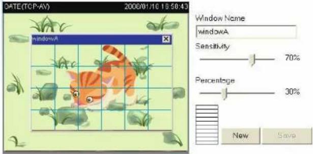 DATE(TCP-AV) 2000/01/10 15:58:43 WindowA Window Name windowA Sensitivity 70% Percentage 30% New Save