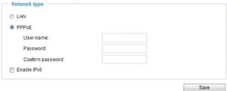 Network type ○ LAN ● PPPoE User name: Password: Confirm password: □ Enable IPv6 Save