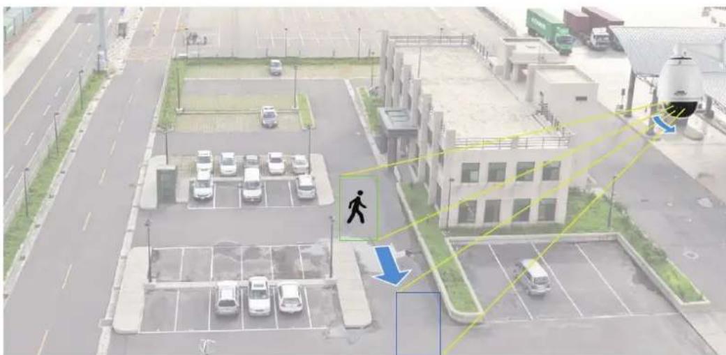Aerial photo of a parking lot with a pedestrian crossing sign and directional arrows, showing vehicle counts and a blue arrow indicating movement.