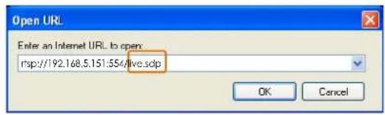 Open URL Enter an Internet URL to open: rsp://192.168.5.151.554/live.sdp OK Cancel