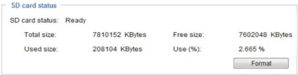 SD card status SD card status: Ready Total size: 7810152 KBytes Free size: 7602048 KBytes Used size: 208104 KBytes Use (%): 2.665 % Format