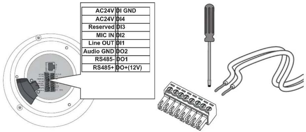 AC24V DI GND AC24V DI4 Reserved DI3 MIC IN DI2 Line OUT DI1 Audio GND DO2 RS485- DO1 RS485+ DO+(12V)