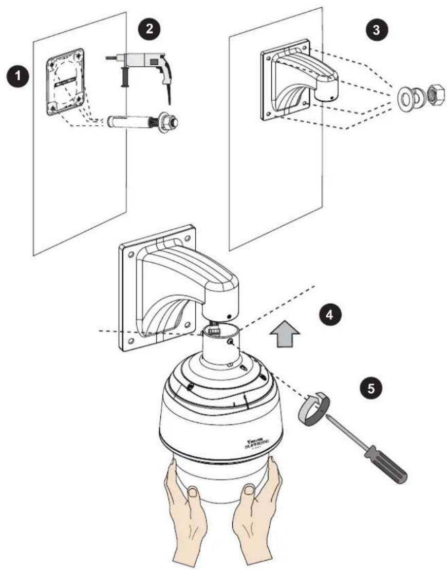 Technical diagram illustrating the installation steps of a device, showing hand positioning and assembly with numbered components.