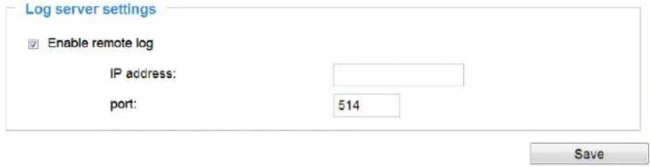 Log server settings Enable remote log IP address: port: 514 Save
