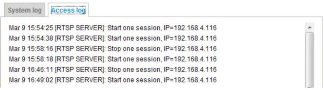 System log Access log Mar 9 15:54:25 [RTSP SERVER]: Start one session, IP=192.168.4.116 Mar 9 15:54:38 [RTSP SERVER]: Start one session, IP=192.168.4.116 Mar 9 15:58:16 [RTSP SERVER]: Stop one session, IP=192.168.4.116 Mar 9 15:58:18 [RTSP SERVER]: Start one session, IP=192.168.4.116 Mar 9 16:46:11 [RTSP SERVER]: Stop one session, IP=192.168.4.116 Mar 9 16:49:02 [RTSP SERVER]: Start one session, IP=192.168.4.116
