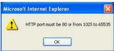 Microsoft Internet Explorer HTTP port must be 80 or from 1025 to 65535 OK