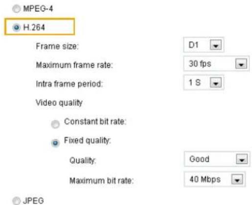 MPEG-4 H.264 Frame size: Maximum frame rate: Intra frame period: Video quality Constant bit rate: Fixed quality: Quality: Good Maximum bit rate: 40 Mbps JPEG