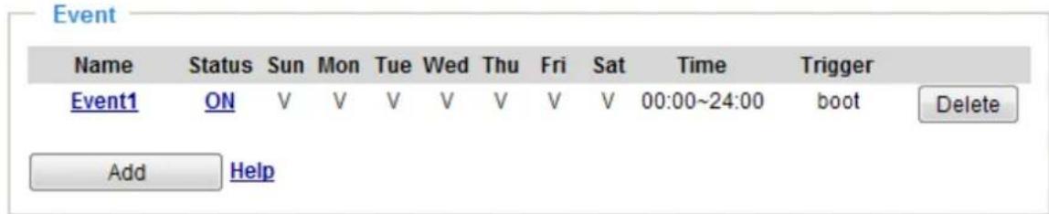 Event Name Status Sun Mon Tue Wed Thu Fri Sat Time Trigger Event1 ON V V V V V V V 00:00~24:00 boot Delete Add Help
