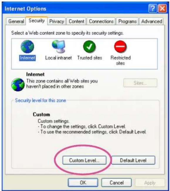 Internet Options General Security Privacy Content Connections Programs Advanced Select a Web content zone to specify its security settings. Internet Local intranet Trusted sites Restricted sites Internet This zone contains all Web sites you haven't placed in other zones Sites... Security level for this zone Custom Custom settings. - To change the settings, click Custom Level. - To use the recommended settings, click Default Level. Custom Level... Default Level OK Cancel Apply