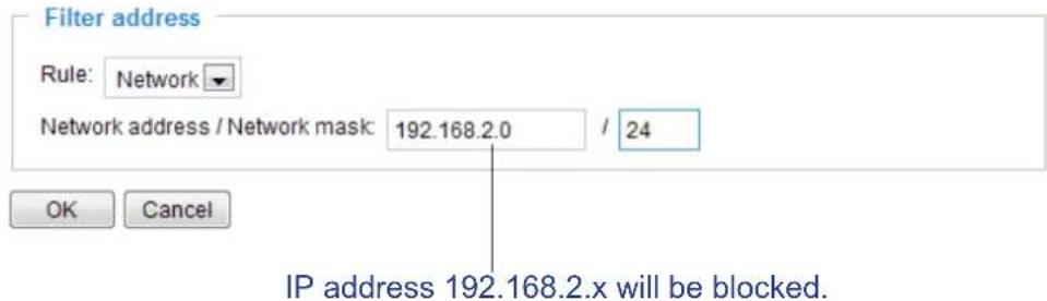 Filter address Rule: Network Network address / Network mask: 192.168.2.0 / 24 OK Cancel IP address 192.168.2.x will be blocked.