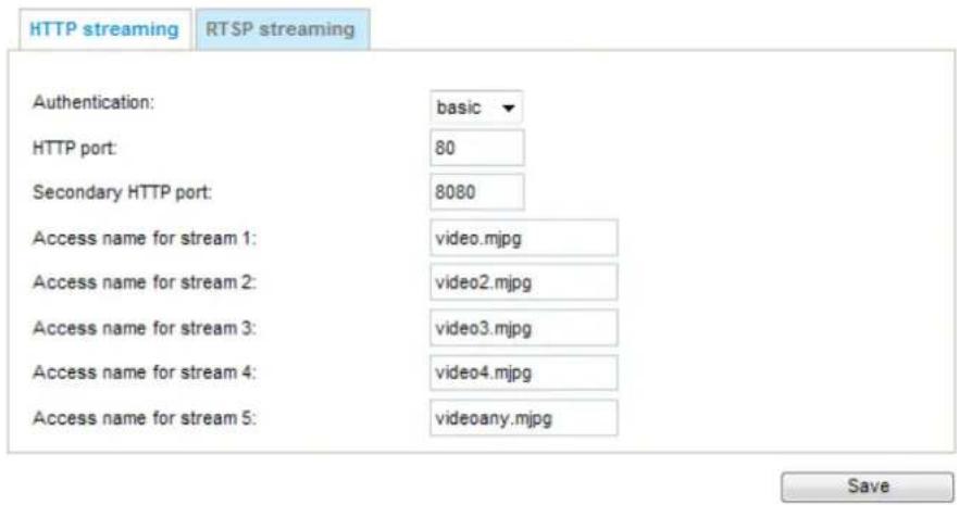 HTTP streaming RTSP streaming Authentication: basic HTTP port: 80 Secondary HTTP port: 8080 Access name for stream 1: video.mjpg Access name for stream 2: video2.mjpg Access name for stream 3: video3.mjpg Access name for stream 4: video4.mjpg Access name for stream 5: videoany.mjpg Save