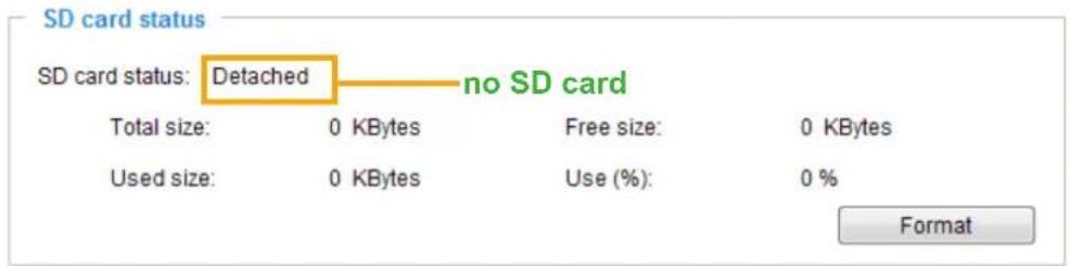 SD card status SD card status: Detached — no SD card Total size: 0 KBytes Free size: 0 KBytes Used size: 0 KBytes Use (%): 0 % Format
