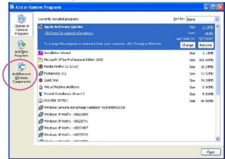 Add or Remove Programs Currently installed programs: Sort by: None Apple Software Update Click here for support information. To change this program or remove it from your computer, click Change or Remove. Size 2.18MB Used regularly Last Used On 7/27/2007 Change Remove Installation Wizard Microsoft Office Professional Edition 2003 Mozilla Firefox (2.0.0.6) PostgreSQL 8.2 QuickTime Virtual Machine Additions Virtokl Installation Wizard 2 YIVOTEK ST7501 Windows Genuine Advantage Validation Tool (KB892130) Windows XP Hotfix - KB823859 Windows XP Hotfix - KB828741 Windows XP Hotfix - KB833407 Windows XP Hotfix - KB835732 Close