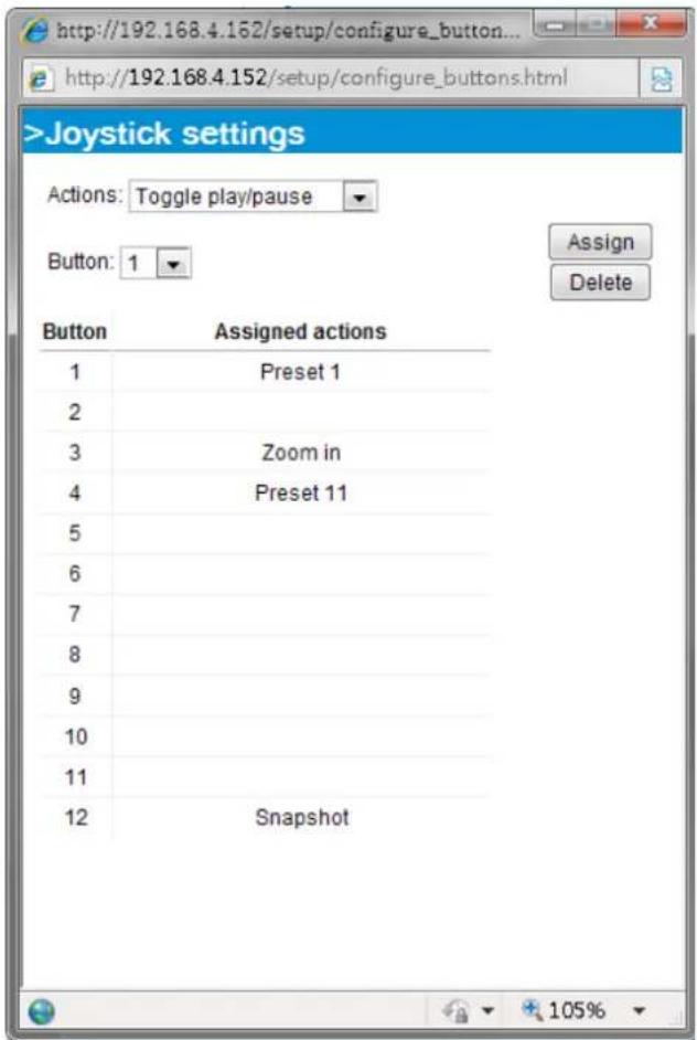 >Joystick settings Actions: Toggle play/pause Button: 1 Assign Delete Button Assigned actions 1 Preset 1 2 3 Zoom in 4 Preset 11 5 6 7 8 9 10 11 12 Snapshot