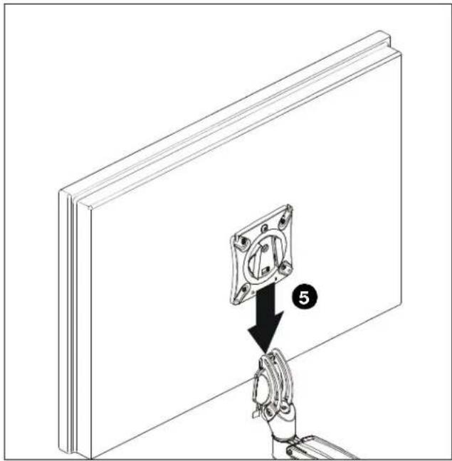 Diagram showing a robotic hand holding a small mechanical component mounted on a flat panel, with a numbered arrow indicating assembly (no text or symbols present)