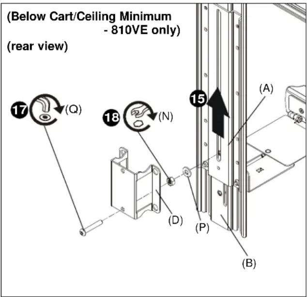 (Below Cart/Ceiling Minimum - 810VE only) (rear view) 17 (Q) 18 (N) 15 (A) (D) (P) (B)