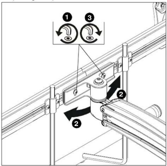 Technical diagram showing mechanical assembly with numbered components and directional arrows indicating motion or movement.