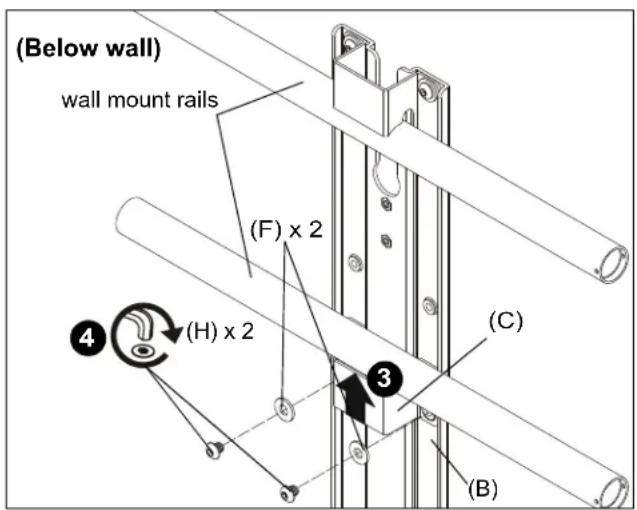(Below wall) wall mount rails (F) x 2 (H) x 2 (C) (B)