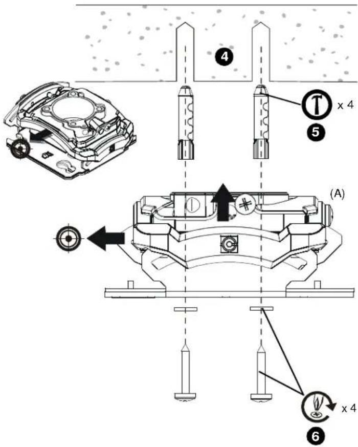 Technical diagram of a mechanical assembly with labeled parts and directional arrows indicating motion or assembly steps.