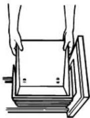 Simple line drawing of two hands opening a rectangular container (no text or symbols)