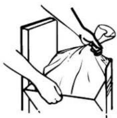 Line drawing of a person handling a bag on a chair (no text or symbols)