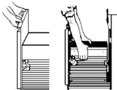 Two-step diagram showing hand positioning of a mechanical device, one open and one inserted (no text or symbols)