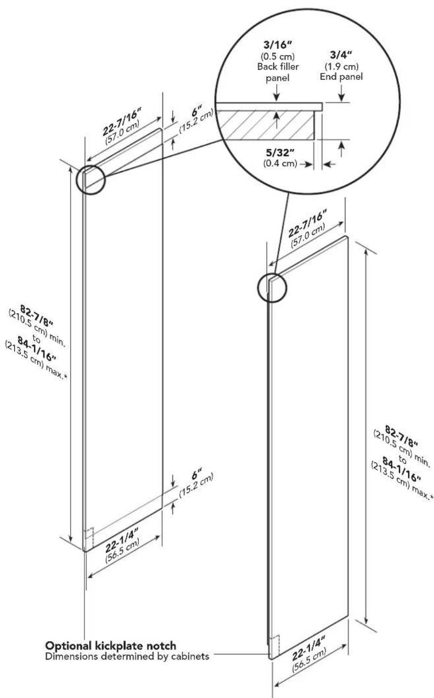 3/16" (0.5 cm) Back filler panel 3/4" (1.9 cm) End panel 5/32" (0.4 cm) 22-7/16" (57.0 cm) 6" (15.2 cm) 22-7/16" (57.0 cm) 82-7/8" (210.5 cm) min. to 84-1/16" (213.5 cm) max.* 6" (15.2 cm) 22-1/4" (56.5 cm) 82-7/8" (210.5 cm) min. to 84-1/16" (213.5 cm) max.* 22-1/4" (56.5 cm) Optional kickplate notch Dimensions determined by cabinets