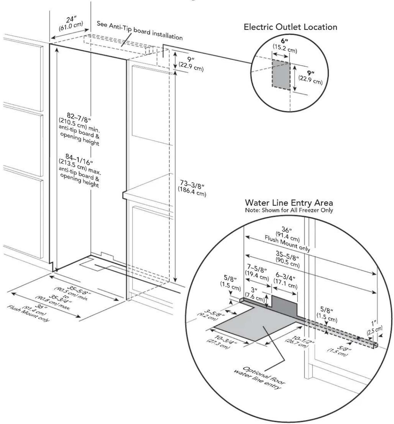 24" (61.0 cm) See Anti-Tip board installation 9" (22.9 cm) Electric Outlet Location 6" (15.2 cm) 9" (22.9 cm) 82-7/8" (210.5 cm) min. anti-tip board & opening height 84-1/16" (213.5 cm) max. anti-tip board & opening height 73-3/8" (186.4 cm) Water Line Entry Area Note: Shown for All Freezer Only 36" (91.4 cm) Flush Mount only 35-5/8" (90.5 cm) 7-5/8" (19.4 cm) 6-3/4" (17.1 cm) 5/8" (1.5 cm) 3" (7.6 cm) 5/8" (1.5 cm) 1" (2.5 cm) 3-5/8" (9.2 cm) 10-3/4" (27.3 cm) 10-12" (26.7 cm) 5/8" (1.5 cm) Optional floor water line entry 35-5/8" to 35-3/4" 36" (90.5 cm) Flush Mount only Flush Mount only 35-5/8" (90.5 cm) 36" (91.4 cm)