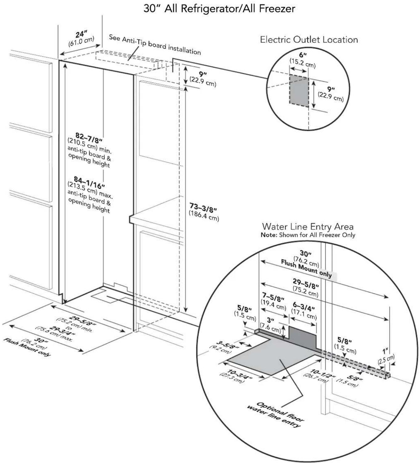30" All Refrigerator/All Freezer 24" (61.0 cm) See Anti-Tip board installation 9" (22.9 cm) Electric Outlet Location 6" (15.2 cm) 9" (22.9 cm) 82-7/8" (210.5 cm) min. anti-tip board & opening height 84-1/16" (213.5 cm) max. anti-tip board & opening height 73-3/8" (186.4 cm) Water Line Entry Area Note: Shown for All Freezer Only 30" (76.2 cm) Flush Mount only 29-5/8" (75.2 cm) 29-3/4" (75.6 cm) max. 5/8" (1.5 cm) 3" (7.6 cm) 5/8" (1.5 cm) 1" (2.5 cm) 3-5/8" (9.2 cm) 10-3/4" (27.3 cm) 10-1/2" (26.7 cm) 5/8" (1.5 cm) Optional floor water line entry 29-5/8" to 29-3/4" (76.2 cm) Flush Mount only 30"