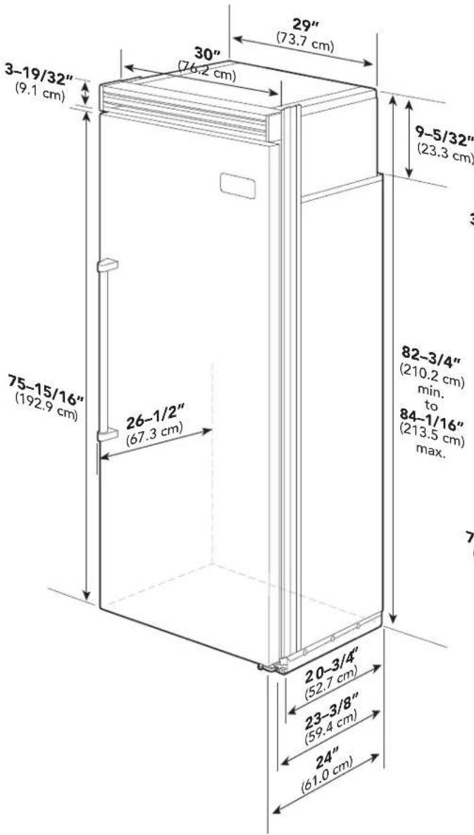 3-19/32" (9.1 cm) 75-15/16" (192.9 cm) 26-1/2" (67.3 cm) 20-3/4" (52.7 cm) 23-3/8" (59.4 cm) 24" (61.0 cm) 29" (73.7 cm) 30" (76.2 cm) 9-5/32" (23.3 cm) 82-3/4" (210.2 cm) min. to 84-1/16" (213.5 cm) max.