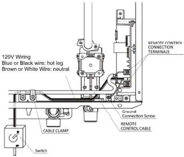 120V Wiring Blue or Black wire: hot leg Brown or White Wire: neutral CABLE CLAMP Switch Ground Connection Screw REMOTE CONTROL CABLE REMOTE CONTROL CONNECTION TERMINALS