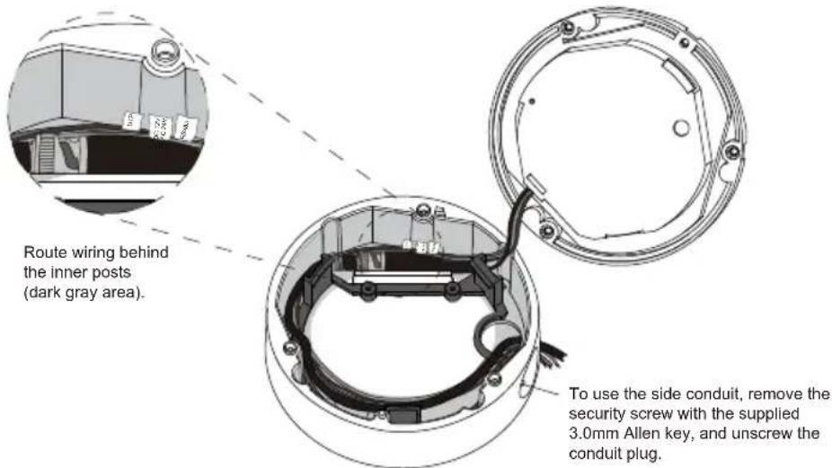 Route wiring behind the inner posts (dark gray area). To use the side conduit, remove the security screw with the supplied 3.0mm Allen key, and unscrew the conduit plug.