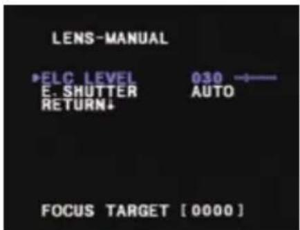 LENS-MANUAL •ELC LEVEL 030 E. SHUTTER AUTO RETURN+ FOCUS TARGET [0000]