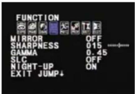 FUNCTION MIRROR OFF SHARPNESS 015 GAMMA 0.45 SLC OFF NIGHT-UP ON EXIT JUMP↓