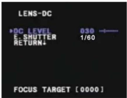 LENS-DC ▶DC LEVEL 030 E. SHUTTER 1/60 RETURN+ FOCUS TARGET [0000]
