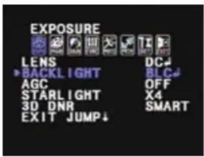 EXPOSURE LENS BACKLIGHT AGC STARLIGHT 3D DNR EXIT JUMP↓ DC↓ BLC↓ OFF X4 SMART